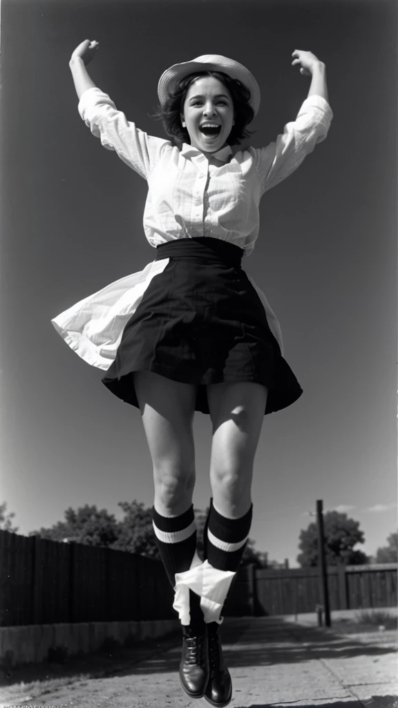 Women and men in 1917 jumping for joy black and white image