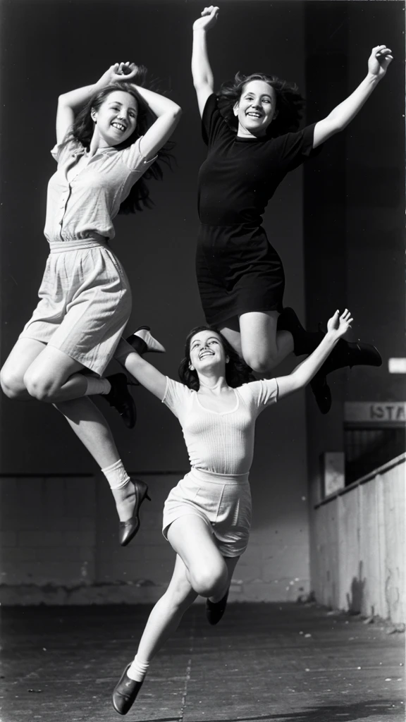 Women and men in 1917 jumping for joy black and white image