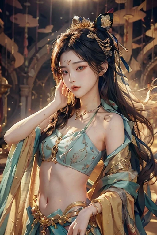 (RAW photos, best quality), (Practical, Photo Practical: 1.3), best quality, Very detailed, masterpiece, Ultra Detail, illustration, 1 girl, superior_Body, Dynamic Angle, World masterpiece Theater, messy_long_hair, best quality, Extremely detailed CG unified 8k wallpaper, ink, Astonishing, light, lens_Flare, Chu Chu Touching,The shoulders show the skin,The belly button is exposed,A beautiful woman,meditation, 陷入meditation,Make eye contact with others,Thin Body type,Small bust,Small Breasts,A peerless beauty，She has been recognized and proposed to by many royal nobles..,beautiful girl,minor,