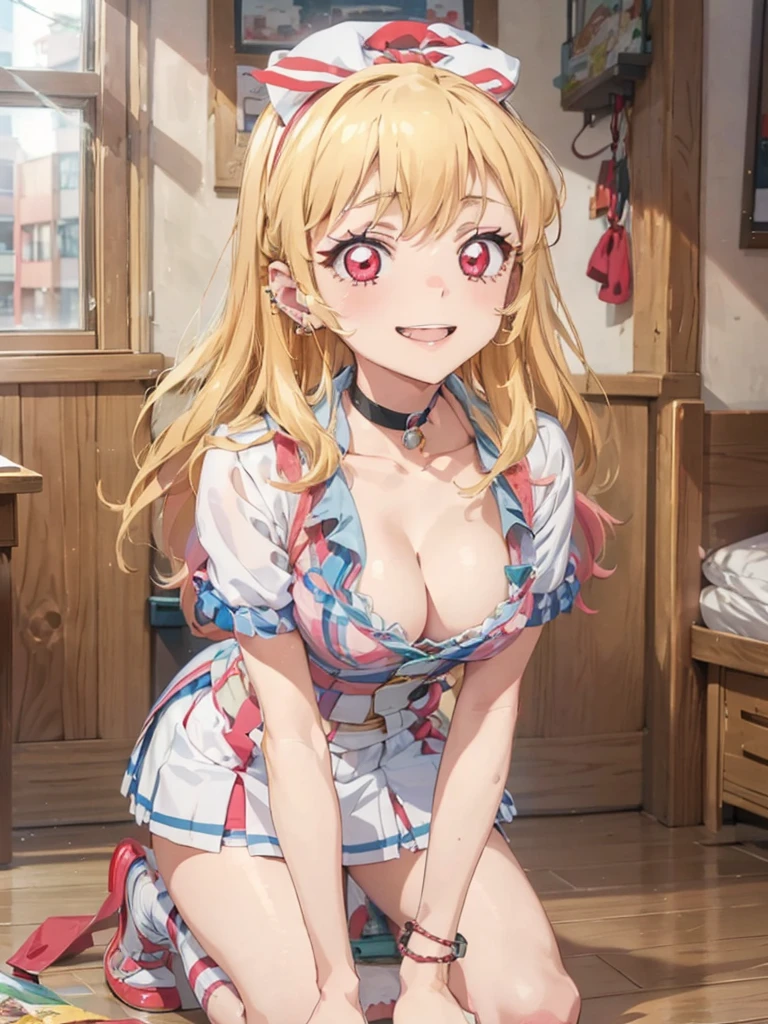 a beautiful female nurse kneeling in a hospital, dressed in nurse's uniform, 1girl, nurse, breasts, nurse cap, solo, blonde hair, thighhighs, cleavage, smile, choker, large breasts, long hair, red eyes, looking at viewer, hat, kitagawa marin, jewelry, black choker, black thighhighs, grin, earrings, piercing, ear piercing, bangs, collarbone,Marin Kitagawa ,Ichigo Hoshimiya (Aikatsu!),lol_i