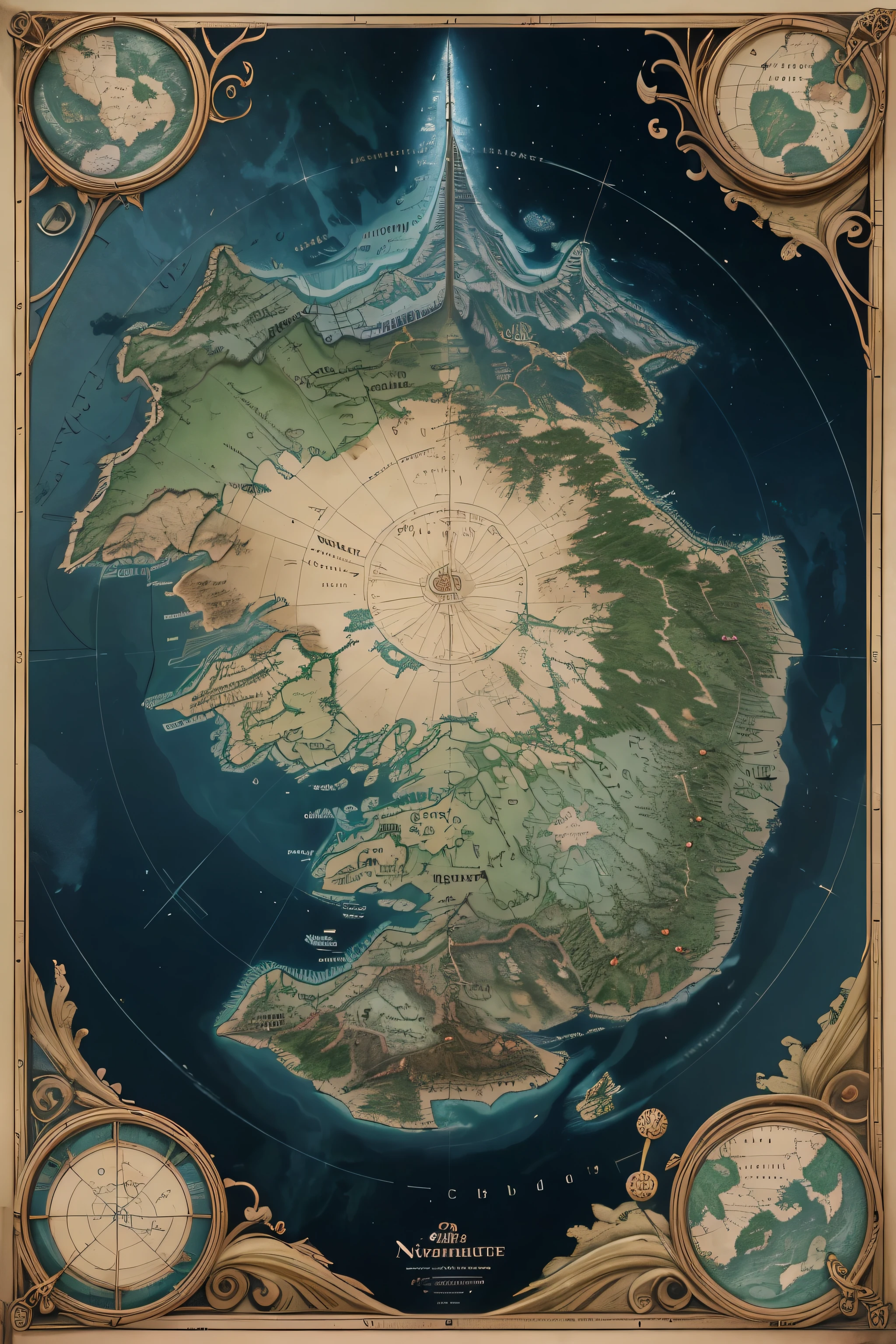 (masutepiece, Best Quality), High resolution, (8K resolution), Center, (ultra-detailliert), medieval fantasy world map, 1 continent in the map, 4 kingdoms in the continent, florests spreed in the map, tower in the center of the florests, no humans in the image,