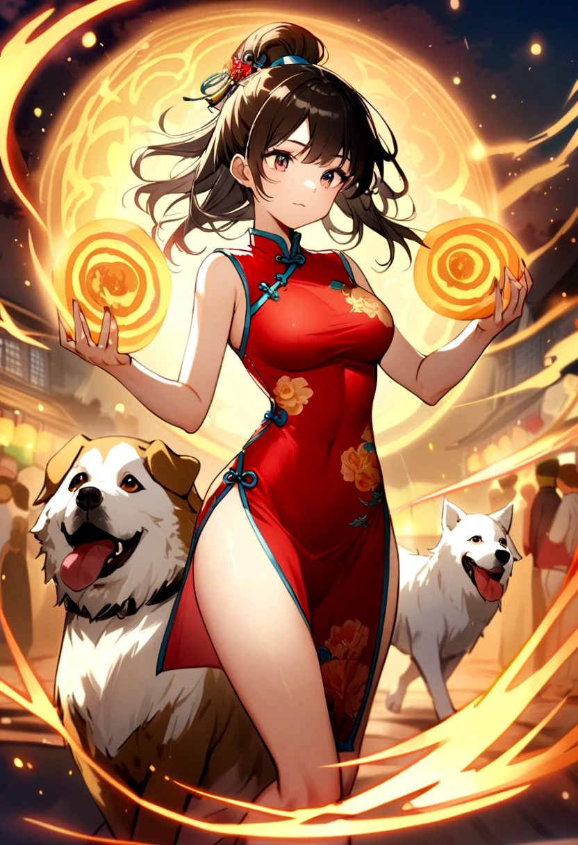 a dog stading as human being wear the cheongsam