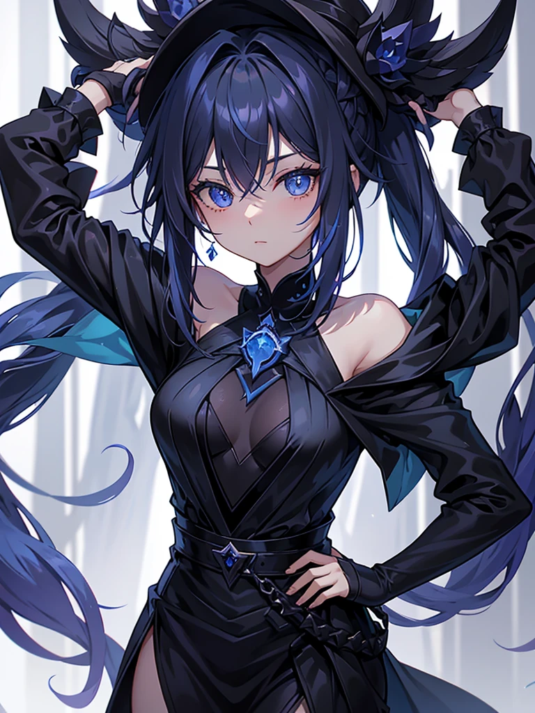 25-year-old girl、Rune background、black magician、Wearing a black robe、mesmerize、cute woman、Elegant hairstyle、indigo hair color、Slightly shorter hair、blue eyes、look at the viewer、masterpiece、Best image、