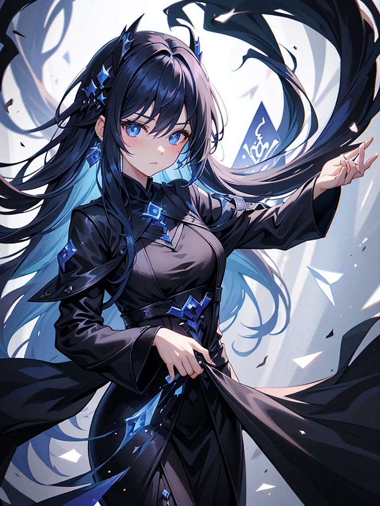 25-year-old girl、Rune background、black magician、Wearing a black robe、mesmerize、cute woman、Elegant hairstyle、indigo hair color、Slightly shorter hair、blue eyes、look at the viewer、masterpiece、Best image、