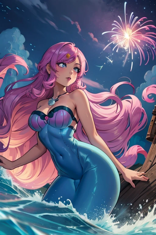 A pink haired female mermaid with violet eyes and an hourglass figure in violet shells and a pink mermaid tail is watching fireworks at night in the waves