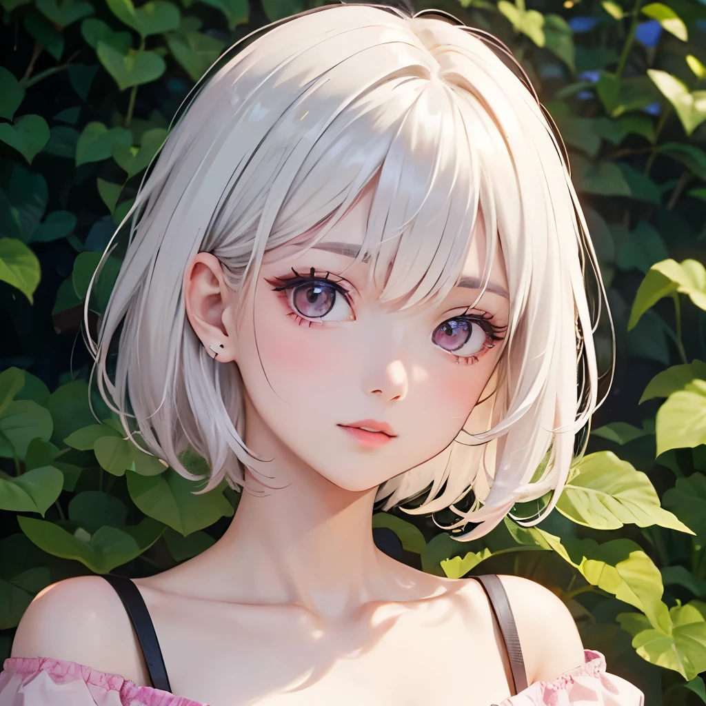 ((best quality)), ((masterpiece)), (detailed), perfect face. Asian girl. White hair. Short hair. Pink eyes. Off shoulder. Garden.
