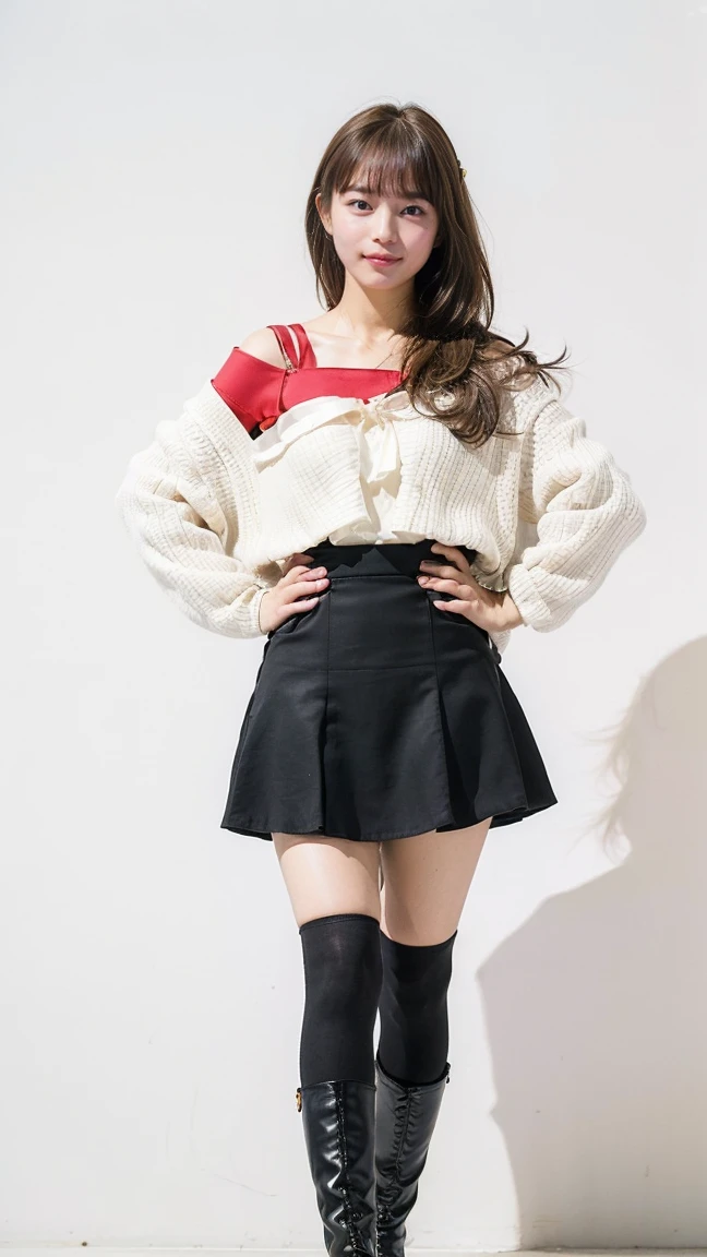 (8K、RAW Photos、Highest quality、masterpiece:1.2)、(Realistic、Photorealistic)、1 Girl、((In town、camisole、Black Mini Skirt、Ribbon on chest、Blonde、Knee socks、boots、Big Breasts、Whittled waistline、Look forward、Standing with hands on hips))、