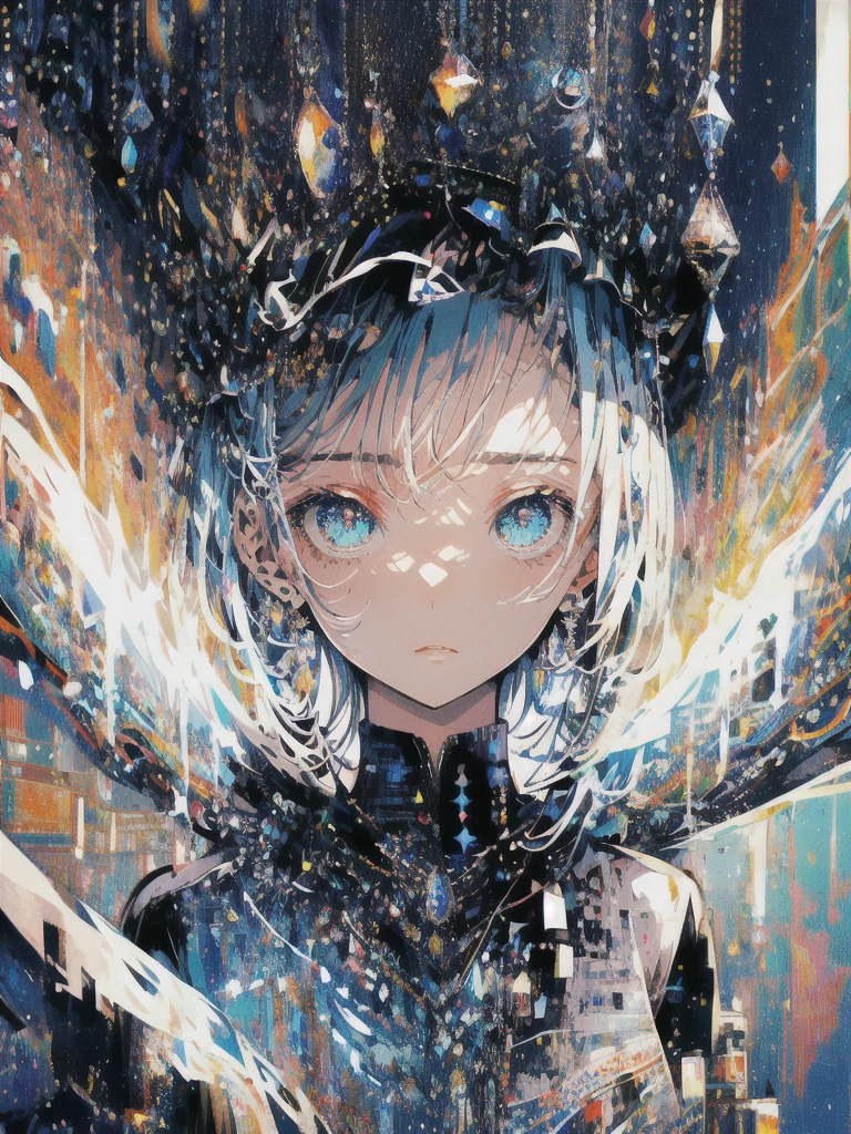 ((masterpiece, highest quality, Super detailed, High resolution)), alone, beautiful girl, shining eyes, perfect eyes, 15 years old, black white gold theme,