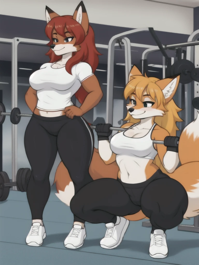 Furry, fox, female, white shirt, black leggings, shoes, gym, , full body