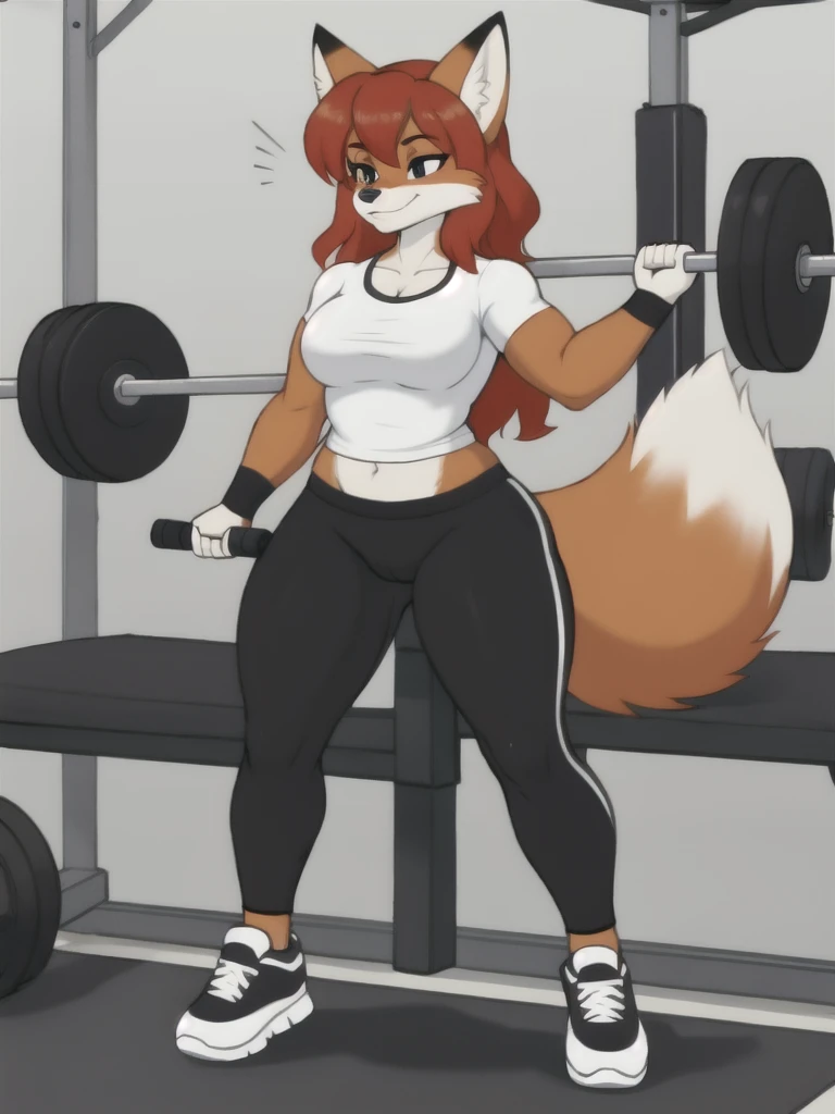Furry, fox, female, white shirt, black leggings, shoes, gym, teen, full body