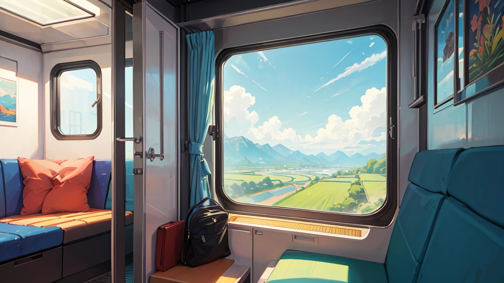 Create an anime-style image depicting a couple, a man and a woman, on a journey, gazing out of a train window on a summer day. The scene should be realistic, with sunlight casting a warm glow inside the train. Outside the window, show a vibrant summer landscape with lush green fields, distant mountains, and a clear blue sky. The couple should appear relaxed and content, conveying a sense of adventure and peaceful enjoyment, capturing the serene and reflective mood of their summer journey together.