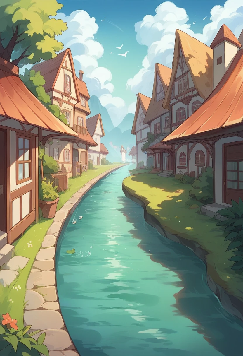 A view of a town with a river running through it, countryside city scene,There is a square by the river,Someone is playing