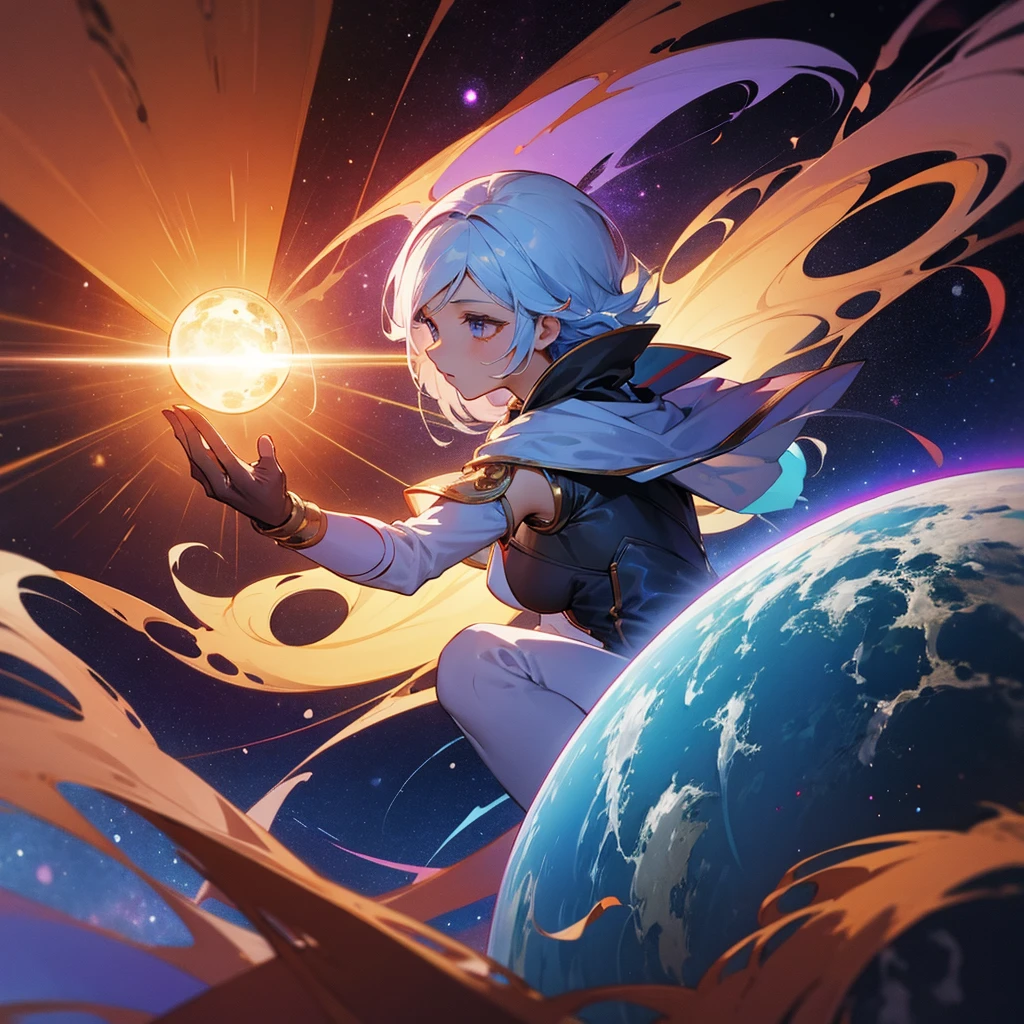 female figure creating a universe in between its hands, epic scenemy, magical enviroment, space background