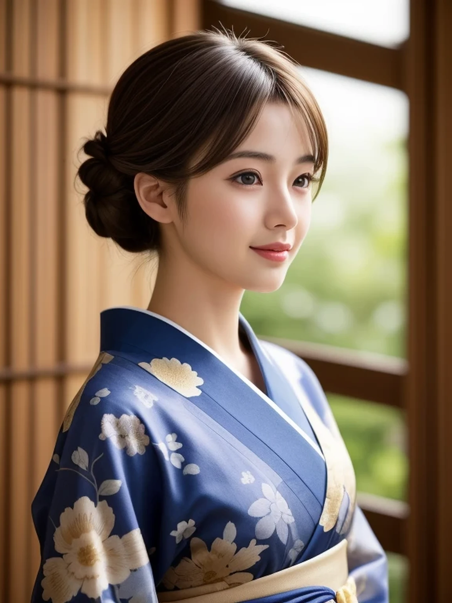 1 Japanese girl, (looking away:1.4), (upper body shot:1.2), Beautifully detailed eyeballs, catchlight in the eyes, Realistic digital painting of a woman portrait, Shy, Cute, happy smile, brown eyes, (half updo,:1.1), (light brown brunette hair:1.3), (Highly detailed skin:1.2), Mystical style, Global Illumination, Traditional Japanese floral printed Kimono, A silk kimono with a deep indigo base.