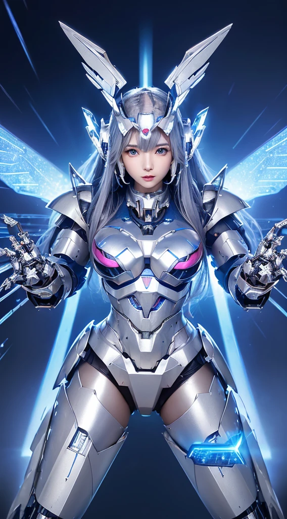 ((Intense action pose:1.6))、((Shining lenses on both breasts:1.3))、((Blue pillars of light are emanating from both chests.:1.3))、smile、((8K)), ((32k)), ((Highest quality)), ((masterpiece)), ((超A high resolution)), ((Tmasterpiece)), ((Halation:1.4))、((Mechaニカルheadgear:1.2))、((Cyber headphones:1.3))、Fine skin, High quality fabric, Fine metal texture、((Beautiful and dense face))、RAW Photos、Professional, Ultra-fine painting, ((alone)), Beautiful breasts、Highest quality, Very detailed, Very detailed詳細, Finer details, so beautiful, ((Princess Knight Robot:1.2)),  (Joints of machines, Mechanical Limbs:1.3), (The internal structure of the machine is exposed:1.3), (Long silver hair:1.1), (Beautiful and huge mechanical breasts)、White Veil, cowboy_shot, Side Focus, headgear, Shiny、(Five Fingers, Four fingers and thumb),Concept Art, Anime fantasy artwork, Detailed fantasy art, (with pale blue-violet hair and large white wings,,,,,,,), (((Long silver hair))), (Mecha:1.6)、Sleek and intimidating design, ((Commander-in-Chief&#39;arm)), (Perfect robot body)、純白と青紫armまたは, Symmetrical wings, 8K high quality, detailed art, 3D rendering of character art in 8K, neat legs, Defined, Defined fingers,