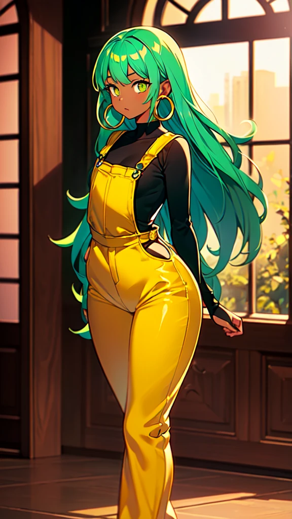 masterpiece, best quality,1girl, ((young girl)), ((large round magical green eyes)), shiny skin, (thin waist), (long curlly green hair), ((curvy)), ((wide hips)), ((hoop earrings)), ((small size)) , ((( yellow overalls))), hot, soft natural lighting, reflections, bright illuminations, deep dark black skin, ((yellow outfit)), full body