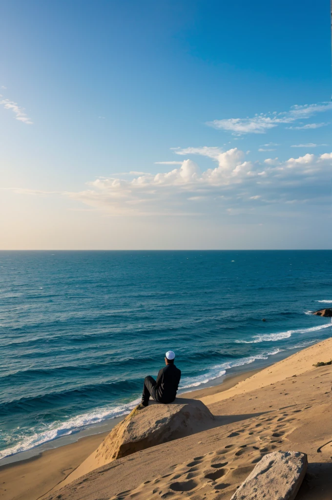 Islamic youth looking at the sky or ocean or landscape