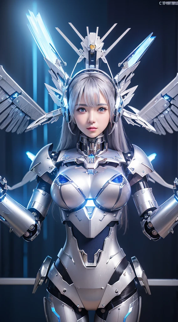 ((Intense action pose:1.6))、((Shining lenses on both breasts:1.3))、((Blue pillars of light are emanating from both chests.:1.3))、smile、((8K)), ((32k)), ((Highest quality)), ((masterpiece)), ((超A high resolution)), ((Tmasterpiece)), ((Halation:1.4))、((Mechaニカルheadgear:1.2))、((Cyber headphones:1.3))、Fine skin, High quality fabric, Fine metal texture、((Beautiful and dense face))、RAW Photos、Professional, Ultra-fine painting, ((alone)), Beautiful breasts、Highest quality, Very detailed, Very detailed詳細, Finer details, so beautiful, ((Princess Knight Robot:1.2)), (Joints of machines, Mechanical Limbs:1.3), (The internal structure of the machine is exposed:1.3), (Long silver hair:1.1), (Beautiful and huge mechanical breasts)、White Veil, cowboy_shot, Side Focus, headgear, Shiny、(Five Fingers, Four fingers and thumb),Concept Art, Anime fantasy artwork, Detailed fantasy art, (with pale blue-violet hair and large white wings,,,,,,,), (((Long silver hair))), (Mecha:1.6)、Sleek and intimidating design, ((Commander-in-Chief'arm)), (Perfect robot body)、純白と青紫armまたは, Symmetrical wings, 8K high quality, detailed art, 3D rendering of character art in 8K, neat legs, Defined, Defined fingers,