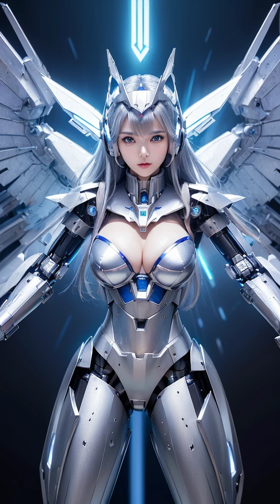 ((Intense action pose:1.6))、((Shining lenses on both breasts:1.3))、((Blue pillars of light are emanating from both chests.:1.3))、smile、((8K)), ((32k)), ((Highest quality)), ((masterpiece)), ((超A high resolution)), ((Tmasterpiece)), ((Halation:1.4))、((Mechaニカルheadgear:1.2))、((Cyber headphones:1.3))、Fine skin, High quality fabric, Fine metal texture、((Beautiful and dense face))、RAW Photos、Professional, Ultra-fine painting, ((alone)), Beautiful breasts、Highest quality, Very detailed, Very detailed詳細, Finer details, so beautiful, ((Princess Knight Robot:1.2)),  (Joints of machines, Mechanical Limbs:1.3), (The internal structure of the machine is exposed:1.3), (Long silver hair:1.1), (Beautiful and huge mechanical breasts)、White Veil, cowboy_shot, Side Focus, headgear, Shiny、(Five Fingers, Four fingers and thumb),Concept Art, Anime fantasy artwork, Detailed fantasy art, (with pale blue-violet hair and large white wings,,,,,,,), (((Long silver hair))), (Mecha:1.6)、Sleek and intimidating design, ((Commander-in-Chief&#39;arm)), (Perfect robot body)、純白と青紫armまたは, Symmetrical wings, 8K high quality, detailed art, 3D rendering of character art in 8K, neat legs, Defined, Defined fingers,