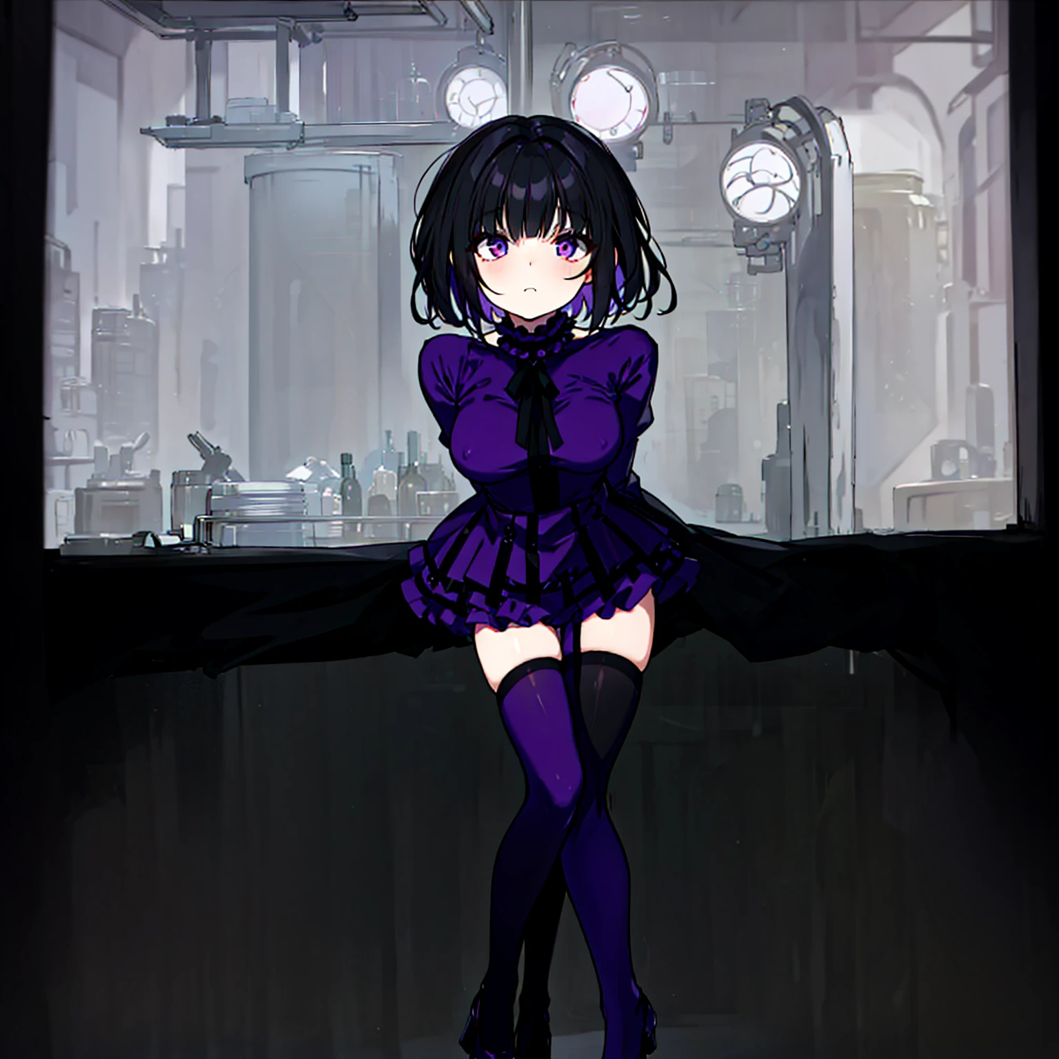 (solo), (1 skinny short girl:1.2), in the dark hall of mansion, (midnight), purple eyes over hair, Gothic ****ta, arms behind back, BREAK, (black short hair), (bursting large breasts), (bouncing breasts), pale white skins, (skinny narrow waist), skinny legs, BREAK, (frilled layered black short dress), (frilled black cape), close chest, frilled long sleeve, show off thigh gap, (frilled black thighhighs:1.1), stiletto heels, BREAK, sad face, orgasm, coverd erectile nipples