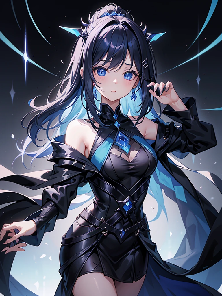 25-year-old girl、Rune background、black magician、Wearing a black robe、mesmerize、cute woman、Elegant hairstyle、indigo hair color、Slightly shorter hair、blue eyes、look at the viewer、masterpiece、Best image、