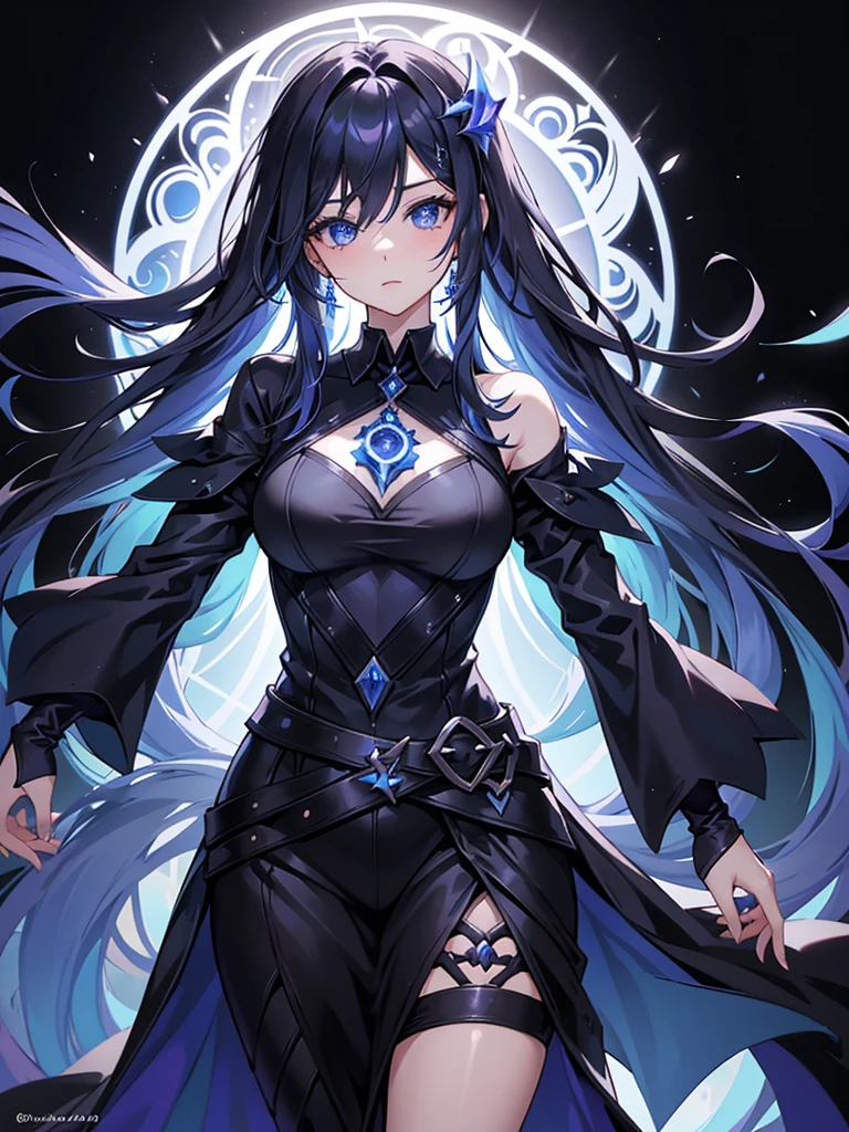 25-year-old girl、Rune background、black magician、Wearing a black robe、mesmerize、cute woman、Elegant hairstyle、indigo hair color、Slightly shorter hair、blue eyes、look at the viewer、masterpiece、Best image、