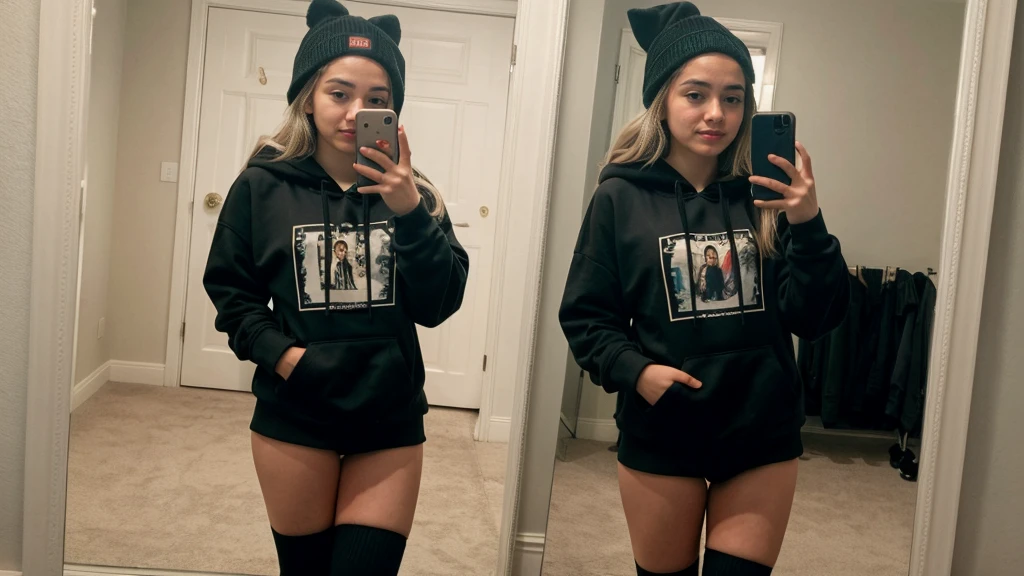 Sabrina Carpenter, no pants, no panties, selfie mirror, backwards, hoodie, socks