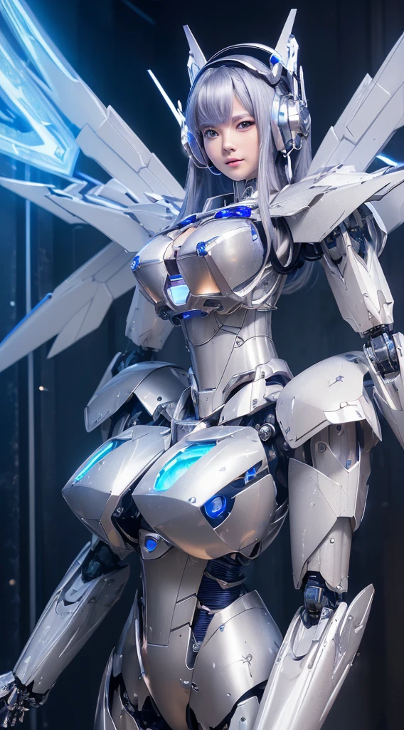 ((Intense action pose:1.6))、((Shining lenses on both breasts:1.3))、((Blue pillars of light are emanating from both chests.:1.3))、smile、((8K)), ((32k)), ((Highest quality)), ((masterpiece)), ((超A high resolution)), ((Tmasterpiece)), ((Halation:1.4))、((Mechaニカルheadgear:1.2))、((Cyber headphones:1.3))、Fine skin, High quality fabric, Fine metal texture、((Beautiful and dense face))、RAW Photos、Professional, Ultra-fine painting, ((alone)), Beautiful breasts、Highest quality, Very detailed, Very detailed詳細, Finer details, so beautiful, ((Princess Knight Robot:1.2)),  (Joints of machines, Mechanical Limbs:1.3), (The internal structure of the machine is exposed:1.3), (Long silver hair:1.1), (Beautiful and huge mechanical breasts)、White Veil, cowboy_shot, Side Focus, headgear, Shiny、(Five Fingers, Four fingers and thumb),Concept Art, Anime fantasy artwork, Detailed fantasy art, (with pale blue-violet hair and large white wings,,,,,,,), (((Long silver hair))), (Mecha:1.6)、Sleek and intimidating design, ((Commander-in-Chief&#39;arm)), (Perfect robot body)、純白と青紫armまたは, Symmetrical wings, 8K high quality, detailed art, 3D rendering of character art in 8K, neat legs, Defined, Defined fingers,