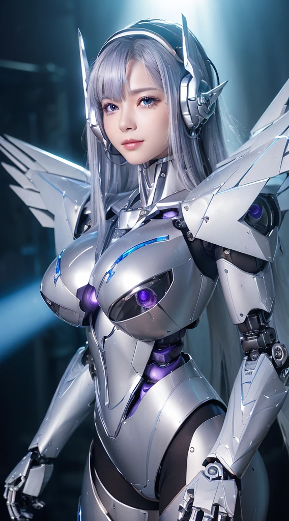 ((Intense action pose:1.6))、((Shining lenses on both breasts:1.3))、((Blue pillars of light are emanating from both chests.:1.3))、smile、((8K)), ((32k)), ((Highest quality)), ((masterpiece)), ((超A high resolution)), ((Tmasterpiece)), ((Halation:1.4))、((Mechaニカルheadgear:1.2))、((Cyber headphones:1.3))、Fine skin, High quality fabric, Fine metal texture、((Beautiful and dense face))、RAW Photos、Professional, Ultra-fine painting, ((alone)), Beautiful breasts、Highest quality, Very detailed, Very detailed詳細, Finer details, so beautiful, ((Princess Knight Robot:1.2)),  (Joints of machines, Mechanical Limbs:1.3), (The internal structure of the machine is exposed:1.3), (Long silver hair:1.1), (Beautiful and huge mechanical breasts)、White Veil, cowboy_shot, Side Focus, headgear, Shiny、(Five Fingers, Four fingers and thumb),Concept Art, Anime fantasy artwork, Detailed fantasy art, (with pale blue-violet hair and large white wings,,,,,,,), (((Long silver hair))), (Mecha:1.6)、Sleek and intimidating design, ((Commander-in-Chief&#39;arm)), (Perfect robot body)、純白と青紫armまたは, Symmetrical wings, 8K high quality, detailed art, 3D rendering of character art in 8K, neat legs, Defined, Defined fingers,