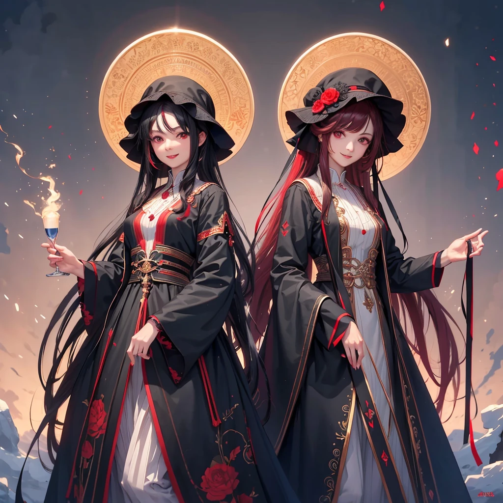 ((highest quality)), ((masterpiece)), (Get used to it), Perfect Face , beautiful girl , Medium breast , Long and beautiful black wavy hair with red highlights , Beautiful red eyes ,upper body ,smiling
