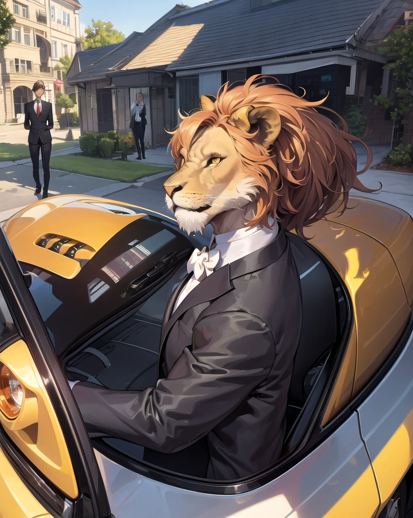 masterpiece, best quality, a lion in suit, expensive house, handsome suit from side, a car in the background, upper body, yellow wise eyes