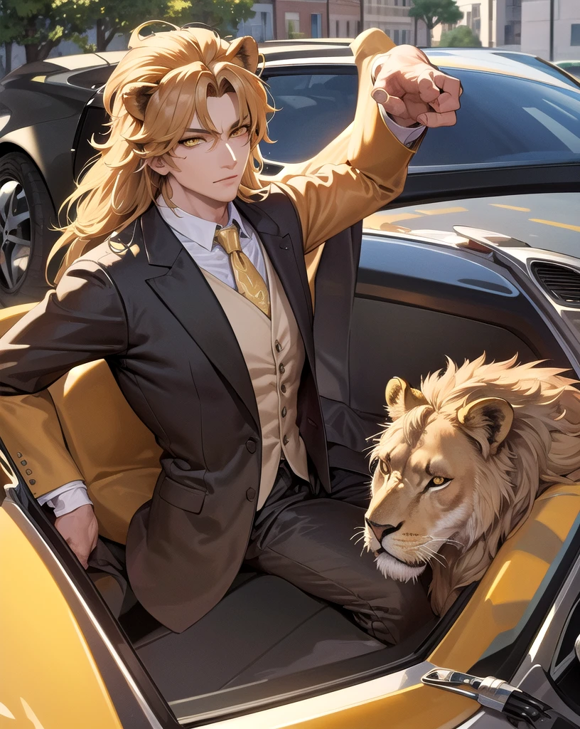 masterpiece, best quality, a lion in suit, expensive house, handsome suit from side, a car in the background, upper body, yellow wise eyes