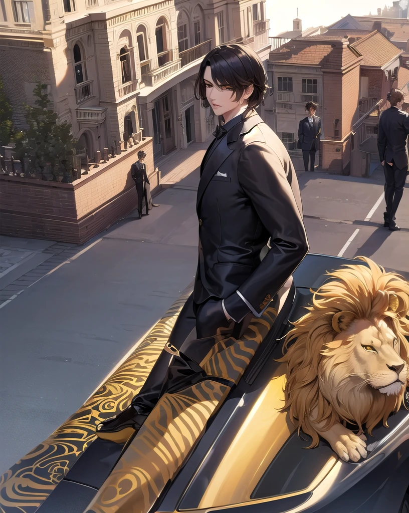 masterpiece, best quality, a lion in suit, expensive house, handsome suit from side, a car in the background, upper body, yellow wise eyes