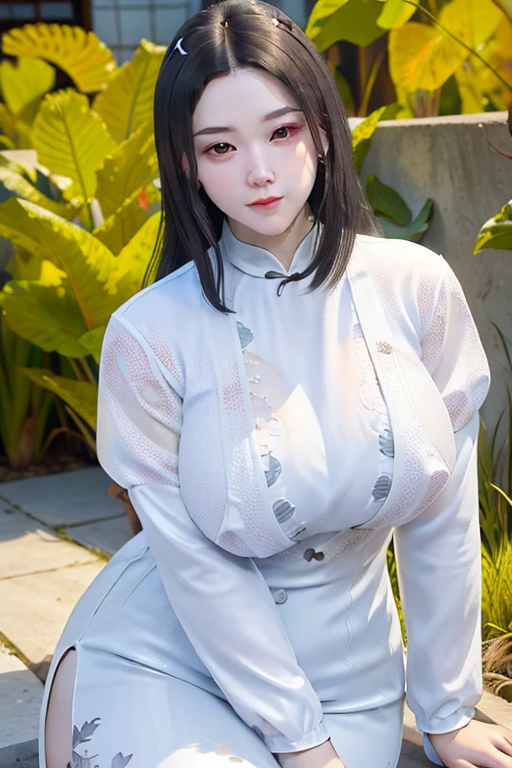 (White Printed Cheongsam),1 girl, (arms behind back:1.1),(Realistic:1.7),((Best Quality)),absurderes,(超A high resolution),(Photorealistic:1.6),Photorealistic,Octane Render,(hyper realisitic:1.2), (Photorealistic face:1.2), (8K), (4K), (masutepiece),(Realistic skin texture), (Illustration, Cinematic lighting,Wallpaper),( Beautiful eyes:1.2),((((Perfect face)))),(cuanding),(Black hair), (Outdoors),(voluptuous breasts:1.2)