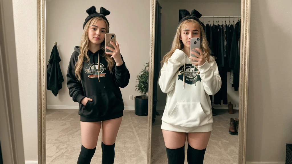 Sabrina Carpenter, no pants, no panties, selfie mirror, backwards, hoodie, socks