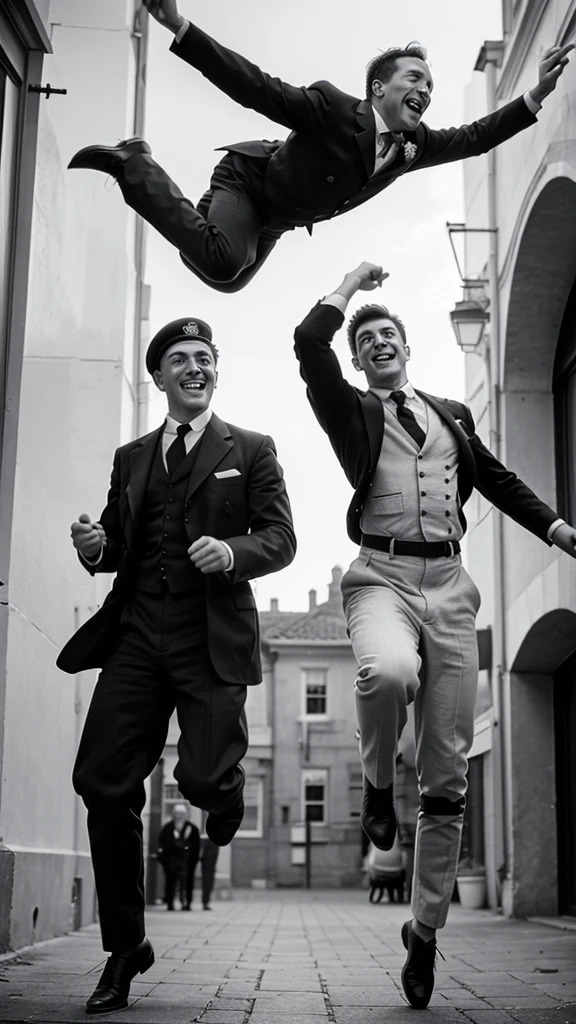 men in 1917 jumping for joy black and white image