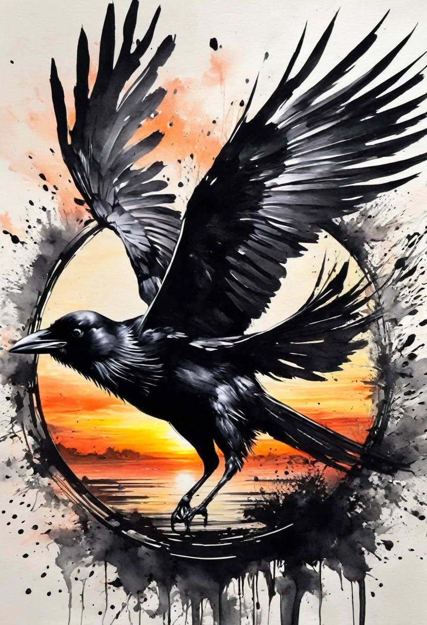 Ink painting,Black and white painting,Beautiful detailed painting,Draw a circle with a brush,(Crow from the circle splash:1.2),sunset,1 p,