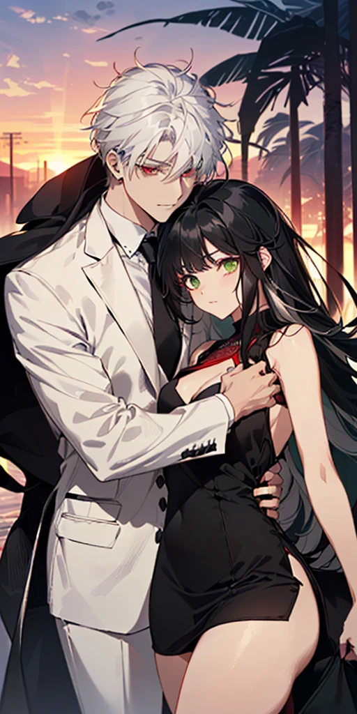 1 man and 1 women standing together with his arms around her. ((The woman is wearing a [((black sleeveless v neck dress))], with big chest, seductive body, thick thighs, ((green eyes and long black hair)).)) ((The man is wearing a white suit with a tie, and has ((white hair and red eyes)))). ((Detailed Eyes)), anime style, sunset