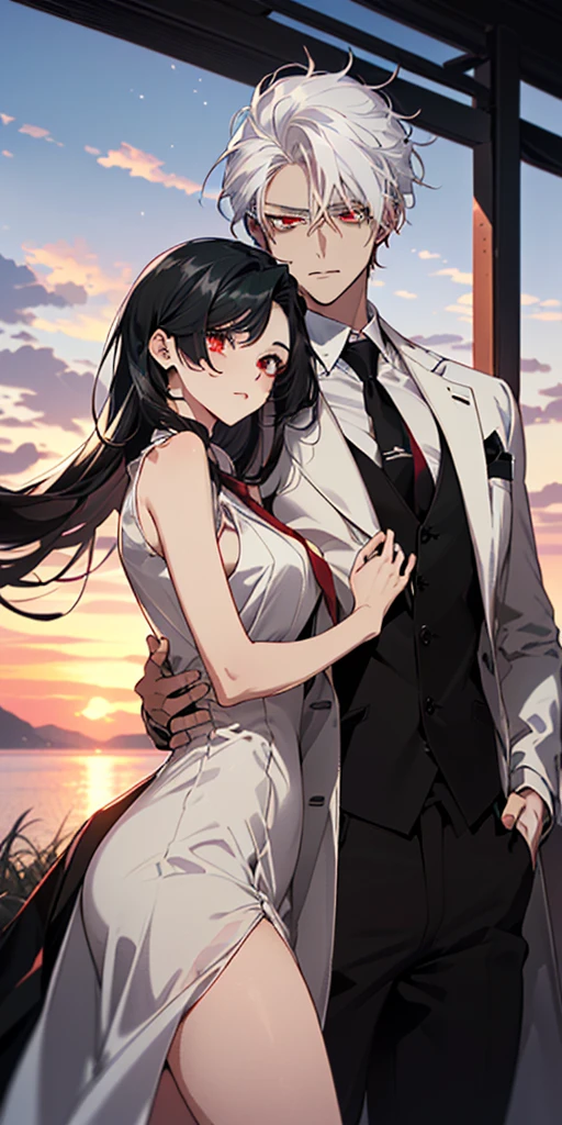 1 man and 1 women standing together with his arms around her. ((The woman is wearing a [((black sleeveless v neck dress))], with ((green eyes and long black hair)).)) ((The man is wearing a white suit with a tie, and has ((white hair and red eyes)))). ((Detailed Eyes)), anime style, sunset