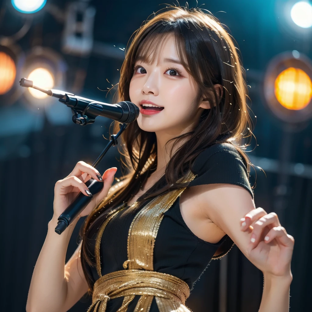 (RAW Photo, Best Quality), (Realistic, Photo Realistic: 1.3), Best Quality, Highly Detailed, Masterpiece, Ultra Detailed, 1 Girl, upper_body, Dynamic Angle, Extremely Detailed CG Unified 8k Wallpaper, Ink, Amazing, Movie upper_body, under_body, World Mastery Theater, messy_long_hair, Best Quality, Extremely Detailed CG Unified 8k Wallpaper, Ink, Amazing, Movie Lights, lens_flare, Detailed Face, (Deliberate expression: 1.5), sony master shot, woman posing for photo in front of tv, hi-res screenshot, nicovideo, normal hands, nice studio lighting, vhs screenshot, beautiful fine face black hair,japanese girl,age20,singer, popstar, stage ,stage lightining, (hands with microphone:1.3), dance, white-idol costume,cool beauty,