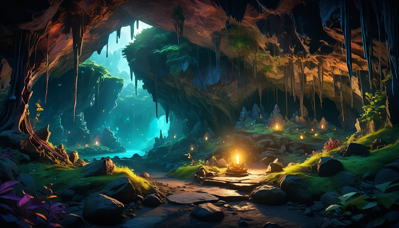 (anime, fantasy), (best quality, high resolution, depth of filed, HDR:1.2), (goblin cave, dark cave, cavern interior, isolated cave, bones scattered, mysterious, dark hue), fantastical landscapes, vibrant colors, spooky, dark enchanted, dangerous atmosphere, beautiful, extremely detailed, intricate, delicate, serene fantasy, light filtering through the trees, bokeh, cinematic lighting, 8k, high quality
