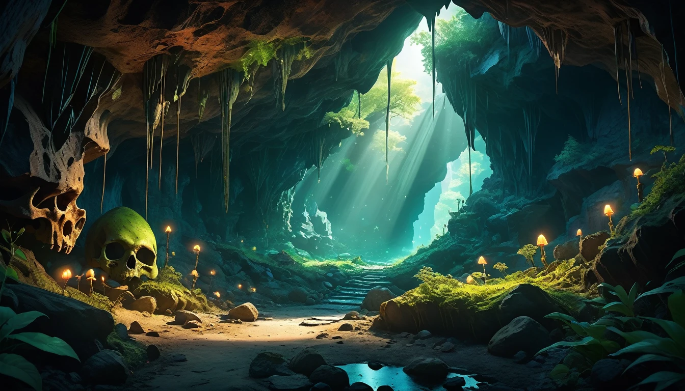 (anime, fantasy), (best quality, high resolution, depth of filed, HDR:1.2), (goblin cave, dark cave, cavern interior, isolated cave, bones scattered, mysterious, dark hue), fantastical landscapes, vibrant colors, spooky, dark enchanted, dangerous atmosphere, beautiful, extremely detailed, intricate, delicate, serene fantasy, light filtering through the trees, bokeh, cinematic lighting, 8k, high quality