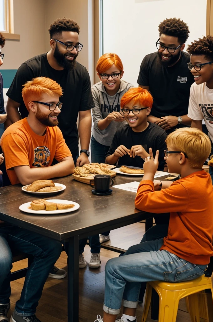 A group of boys sitting at a table very happy. One girl has orange hair, she is short and pretty. , another girl has blonde hair with freckles she is a little chubby , The other girl has black hair, wears glasses and is tall. , The other is a dark-skinned boy with glasses and has a beard.