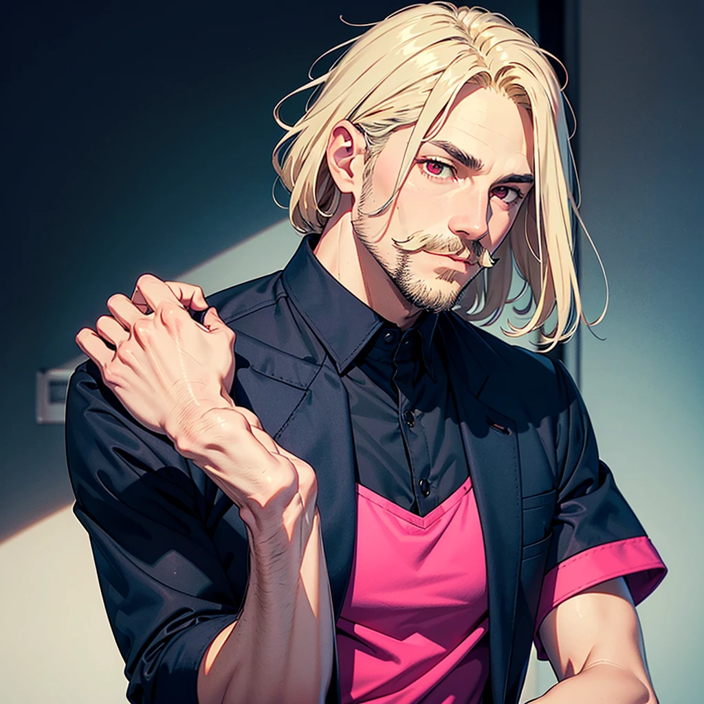 Create a portrait of a gentle man with long blonde hair, red eyes, a thin beard, and a thin mustache. He is wearing a magenta short-sleeved shirt with a black short-sleeved coat on top. The coat has three dark blue outlines: two at the end of the sleeves and one at the bottom edge.