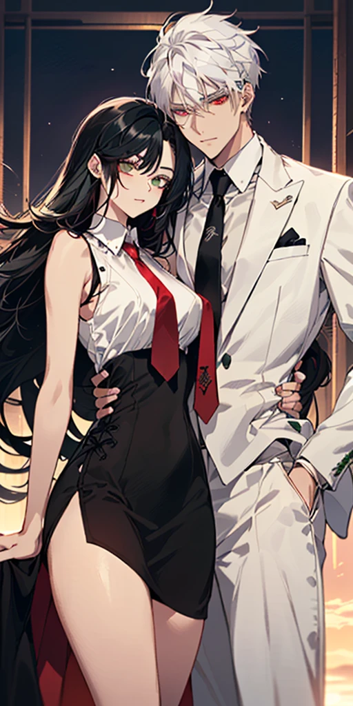 1 man and 1 women standing together with his arms around her. ((The woman is wearing a [((black sleeveless v neck dress))], with big chest, seductive body, thick thighs, ((green eyes and long black hair)).)) ((The man is wearing a ((white suit with a tie)), and has ((white hair and red eyes)))). ((Detailed Eyes)), anime style, sunset