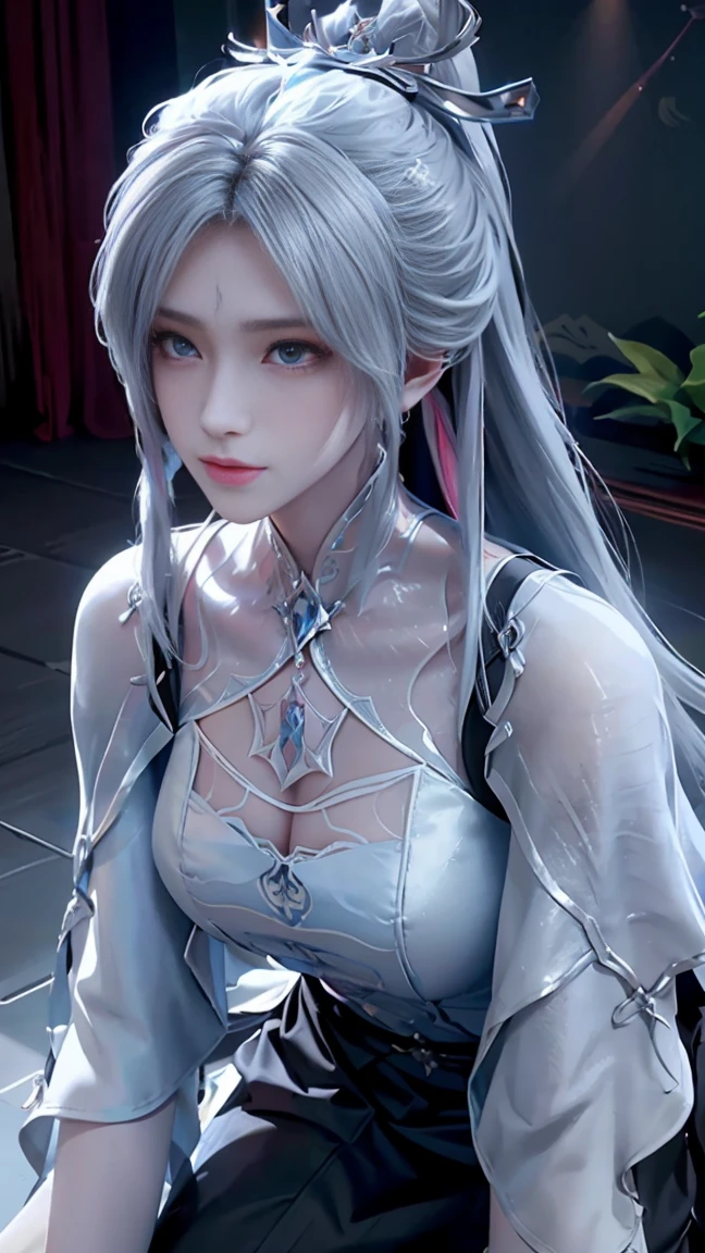 a white hair、Close-up of miss wearing white mask, Beautiful character painting, Gu Weiss, Gurwitz-style artwork, White-haired god, author：Yang Jie, Epic and beautiful character art, Stunning character art, author：Fan Qi, by Wuzhun Shifan, pixiv Art Street Guviz, Single ponytail, insult, High Ponytail, Tall and big, Long legs, (Sleeveless lace shirt), (shorts), (Striped )), ((Striped )), Walk, elegant, dignified, miss, Beautiful curves, sweet smile, Strong sense of detail and layering, color丰富绚丽, Has a unique texture, rich and colorful, color, vivid, Design Art, 16K, Very detailed, {{illustration}}, {Extremely refined}, {Exquisite surface treatment}, Very detailed, Delicate and shining eyes, {{Light}}, 极致Light效果, Model: realism, CFG size: 12, Laura: Bright texture (1.35), high quality, masterpiece, Exquisite facial features, Delicate hair depiction, Detailed depiction of the eyes, masterpiece, best quality, Light線追蹤, Extremely detailed CG unified 8k wallpaper, masterpiece, best quality, (1 girl), 完美miss身材, (((Skinny white T-shirt))), beautiful eyes, (Delicate face), Black short hair, Tie your hair up, Light blue hairpin, Black silk frame glasses, in class, (White skin), (Optimal Lighting), (Super intricate details), 4K Unified, (Very detailed CG), Showing off her white legs, , Hot Pants, shorts,性感Long legs, Thin waist, Sweat is running down my waist, Showing belly, Extremely detailed depiction, Pink Hair, Asymmetrical bangs, Transparent clothes, Hands on thighs, 把目Light移開, 8k resolution, Raise an eyebrow, Shiny hair, flower head, Wristband, bandage，Leather sexy pose, simple grey background, Crawl to the audience, Kitten pose, Get on all fours,