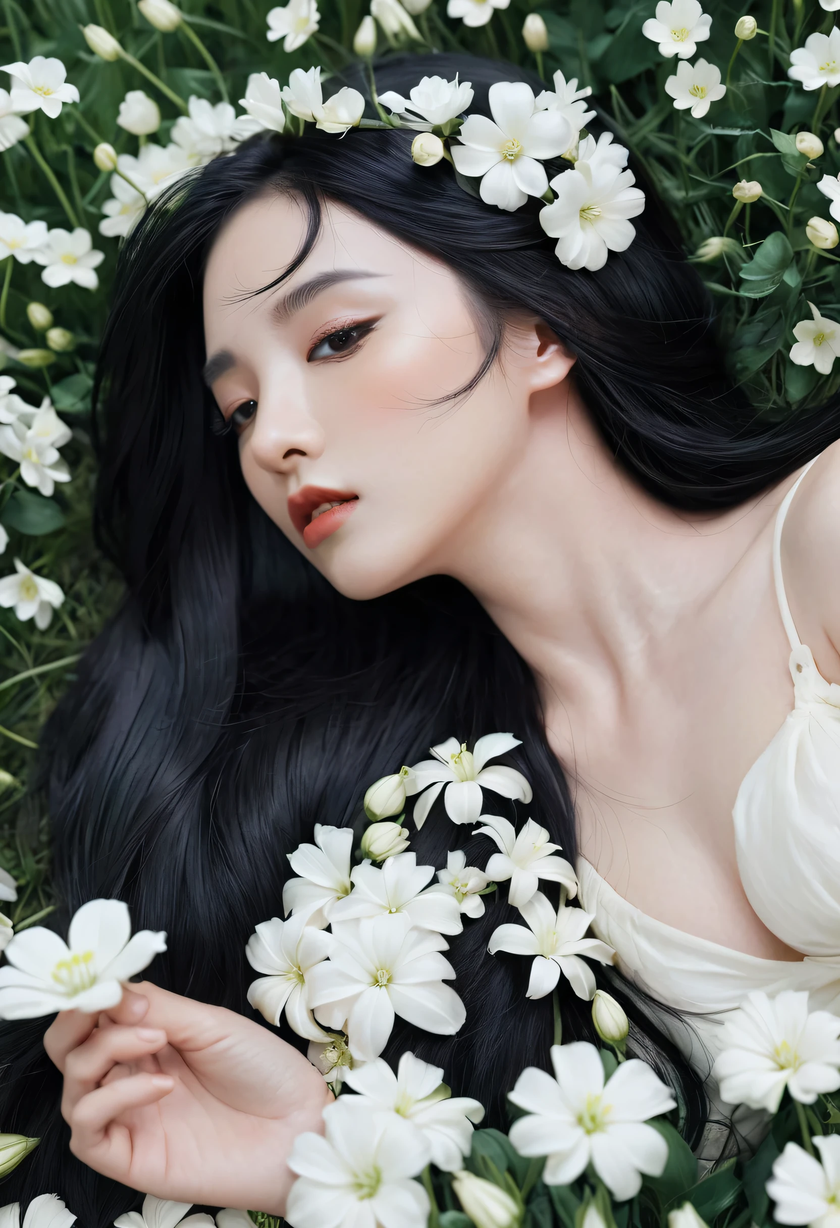a woman with long black hair and white flowers in her hair is laying down in a field of white flowers, (amy sol:0.248), (stanley artgerm lau:0.106), (a detailed painting:0.353), (gothic art:0.106)