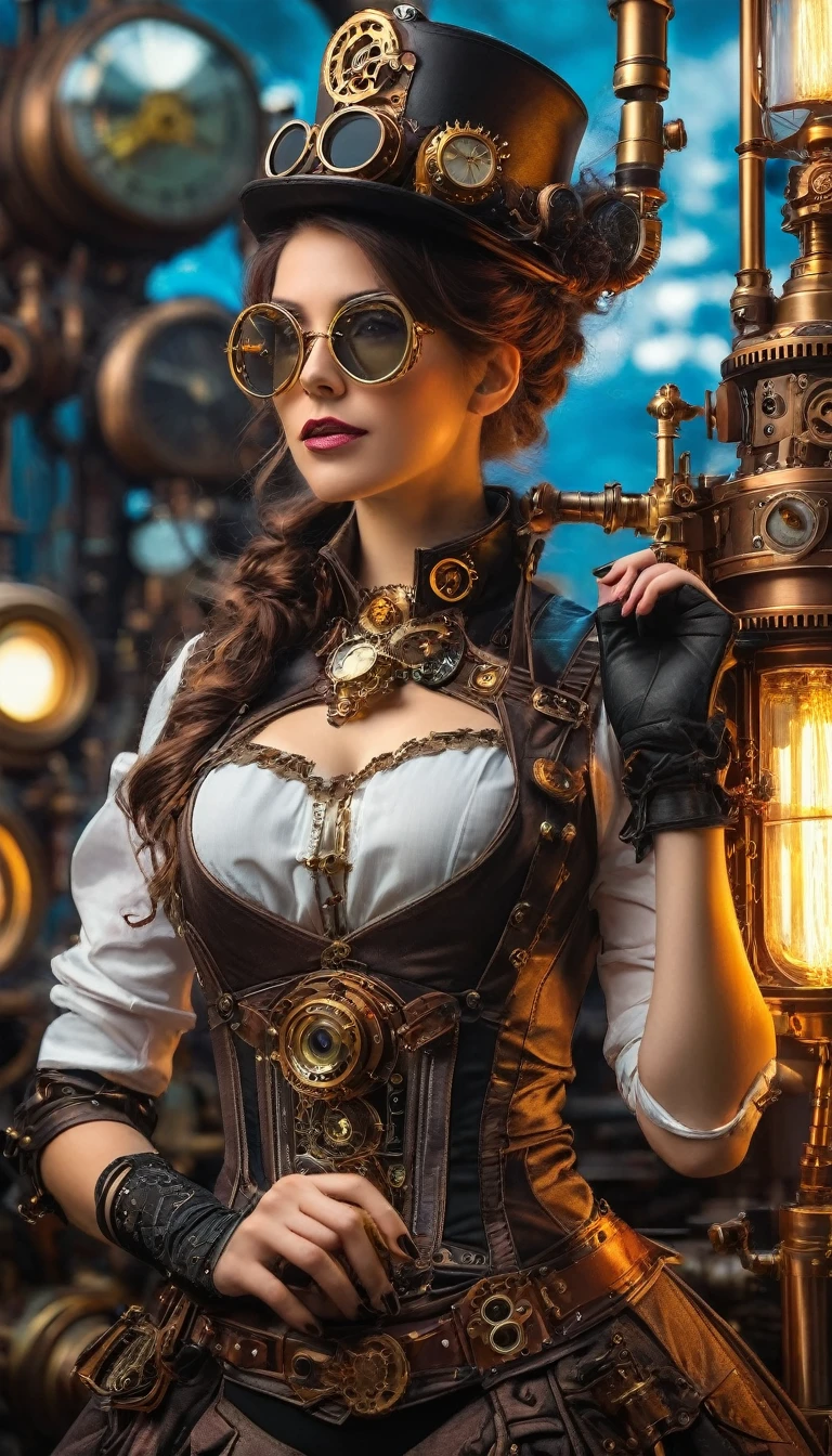 Woman in steampunk costume taking photo, wearing steampunk attire, steampunk fantasy style, (Steampunk), a steampunk beautiful goddess, steampunk beautiful woman, Steampunk Girl, Steampunk style, steampunk fantasy, Steampunk, steampunk inventor girl, golden steampunk, steampunc, steampunc, Set in a steampunk world, Vivid steampunk concept