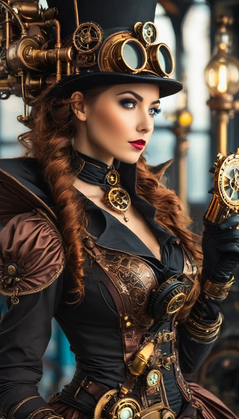 Woman in steampunk costume taking photo, wearing steampunk attire, steampunk fantasy style, (Steampunk), a steampunk beautiful goddess, steampunk beautiful woman, Steampunk Girl, Steampunk style, steampunk fantasy, Steampunk, steampunk inventor girl, golden steampunk, steampunc, steampunc, Set in a steampunk world, Vivid steampunk concept