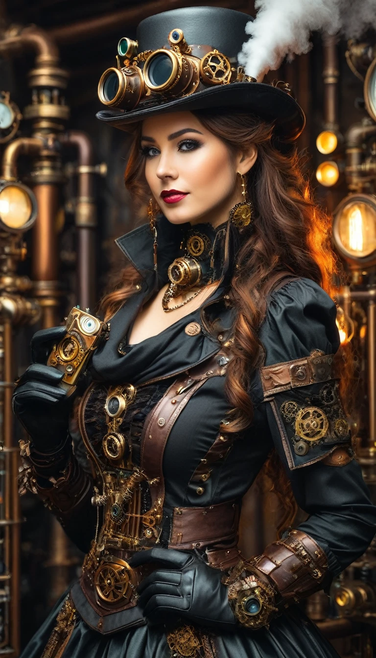 Woman in steampunk costume taking photo, wearing steampunk attire, steampunk fantasy style, (Steampunk), a steampunk beautiful goddess, steampunk beautiful woman, Steampunk Girl, Steampunk style, steampunk fantasy, Steampunk, steampunk inventor girl, golden steampunk, steampunc, steampunc, Set in a steampunk world, Vivid steampunk concept